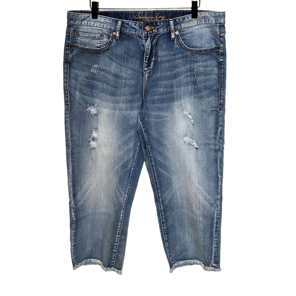 American Rag Jeans Juniors Womens 15 High Rise Distressed Capri Blue Raw Hem